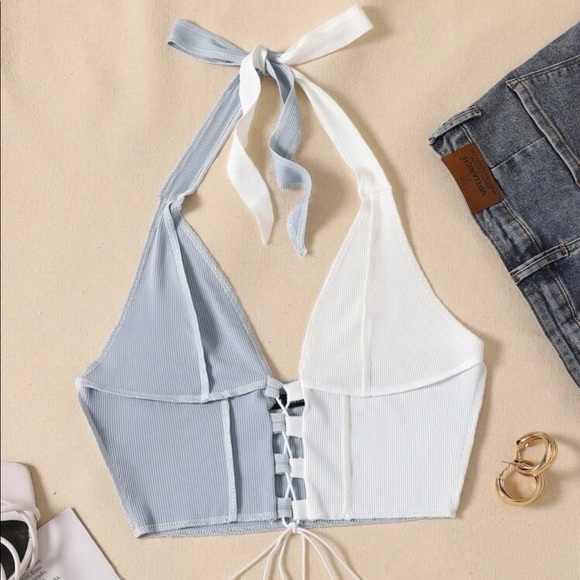 SHEIN Tops - COLOUR BLOCK LACE UP FRONT HALTER TOP